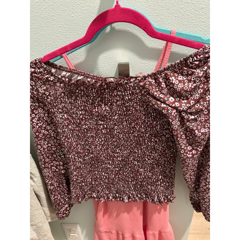 Willow Root Youth Girls Smocked Floral Top Burgundy Long Sleeve Size Medium